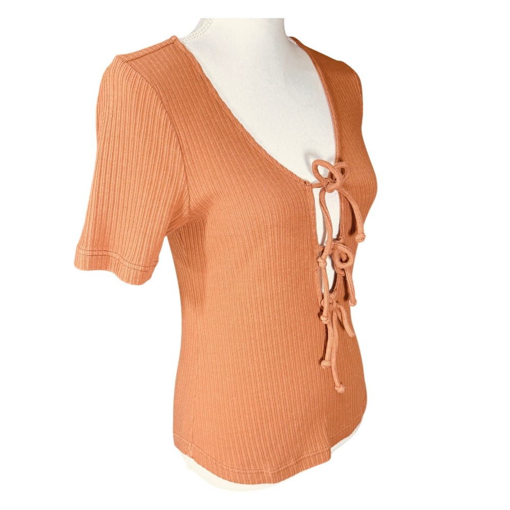 Free People Ribbed Lace Up Tie Front Top Terracotta Brown Short Sleeve Medium - Picture 11 of 12